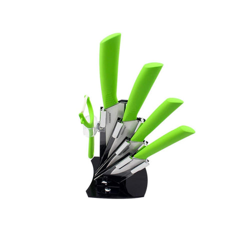 AussieSuperStore Homeware Supplies 5 Piece Sharp-Chef Ceramic Kitchen Knife Set, Vegetable Peeler and with Storage Stand Holder Sharp-Chef Ceramic Kitchen Knife Set, Vegetable Peeler, Stand CB5CERAMICSETGRN